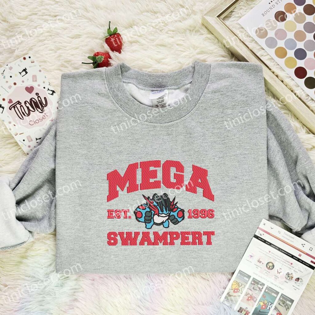 Mega Swampert Embroidered Shirt, Pokemon Embroidered Hoodie, Anime Embroidered Sweatshirt