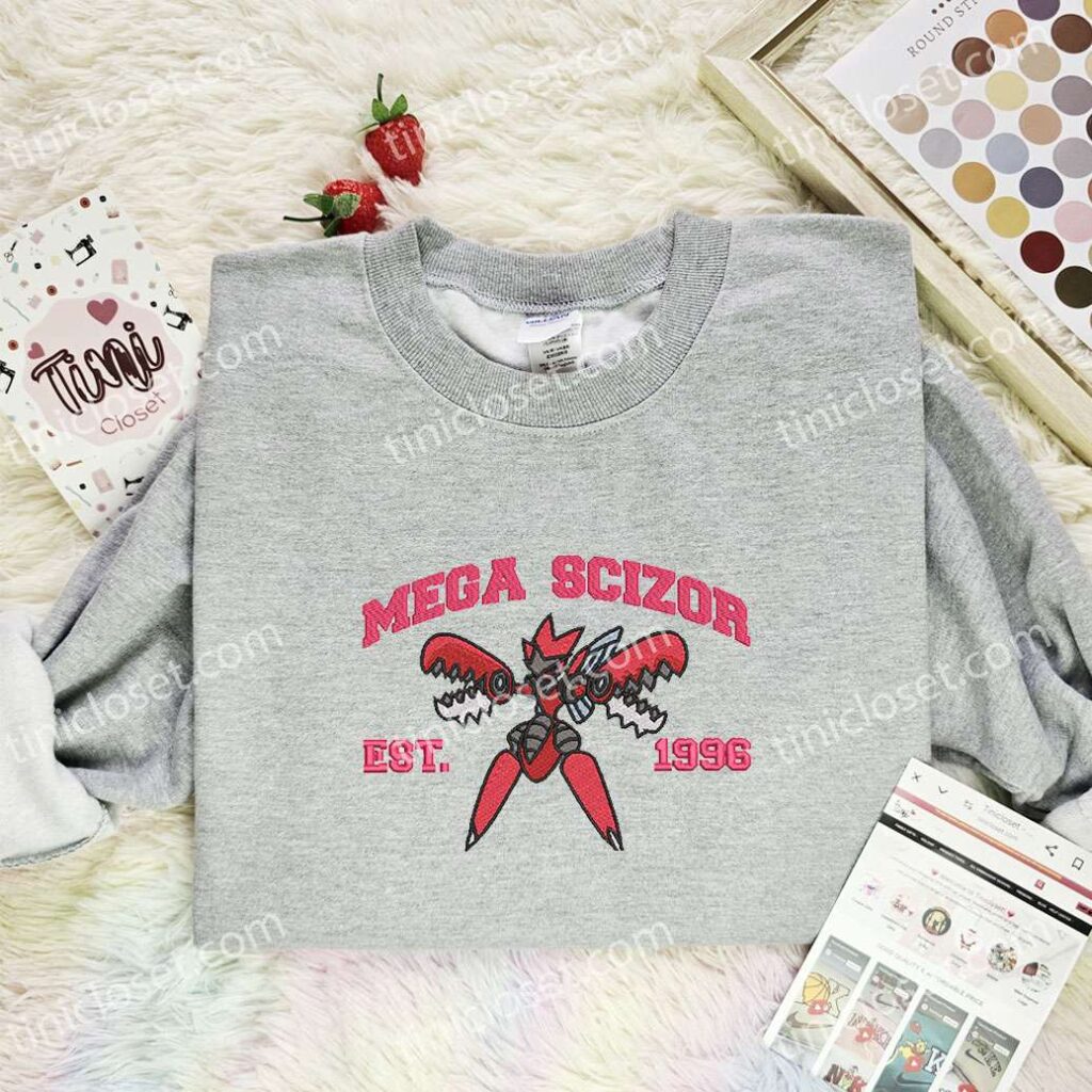 Mega Scizor Embroidered Shirt, Pokemon Embroidered Hoodie, Anime Embroidered Sweatshirt