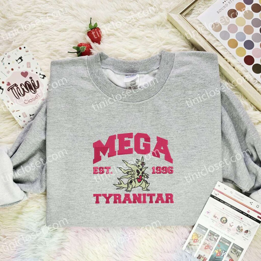 Mega Tyranitar Embroidered Shirt, Pokemon Embroidered Hoodie, Anime Embroidered Sweatshirt