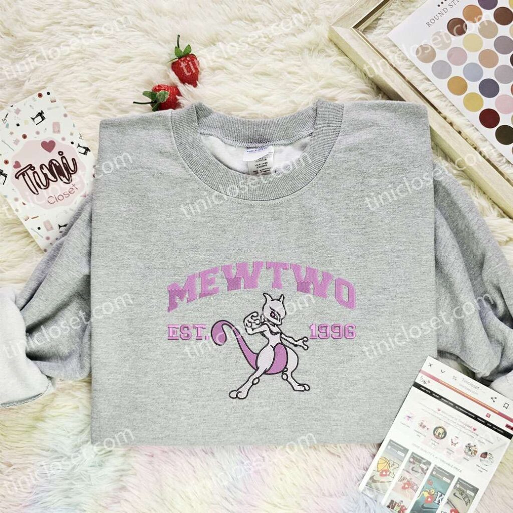 Mewtwo Embroidered Shirt, Pokemon Embroidered Hoodie, Anime Embroidered Sweatshirt