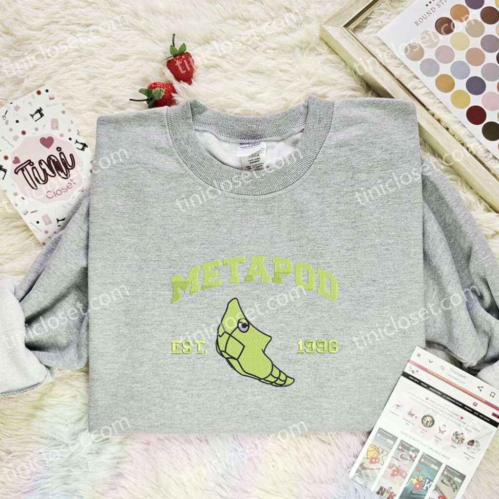 Metapod Embroidered Shirt, Pokemon Embroidered Hoodie, Anime Embroidered Sweatshirt