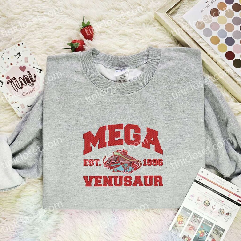 Mega Venusaur Embroidered Shirt, Pokemon Embroidered Hoodie, Anime Embroidered Sweatshirt