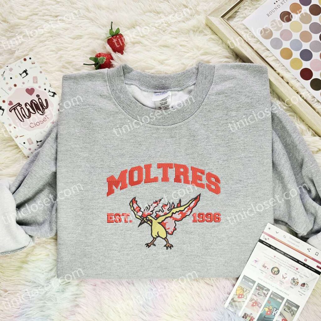 Moltres Embroidered Shirt, Pokemon Embroidered Hoodie, Anime Embroidered Sweatshirt