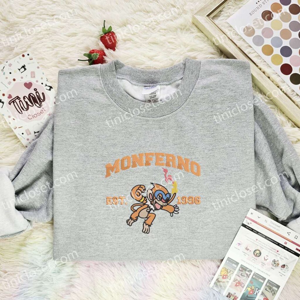 Monferno Embroidered Shirt, Pokemon Embroidered Hoodie, Anime Embroidered Sweatshirt