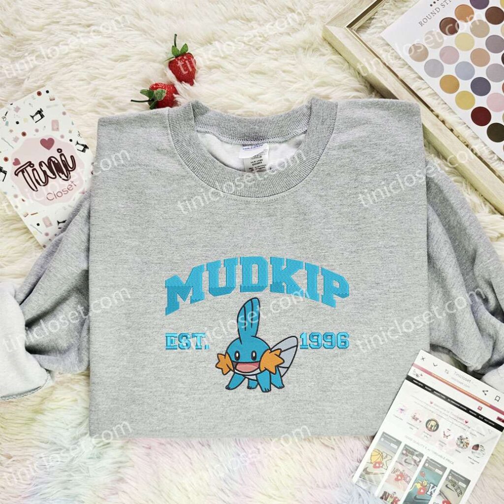 Mudkip Embroidered Shirt, Pokemon Embroidered Hoodie, Anime Embroidered Sweatshirt