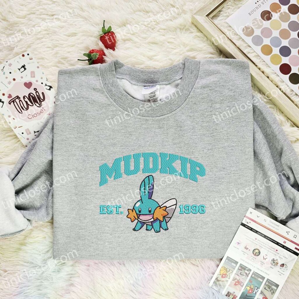 Mudkip Embroidered Shirt, Pokemon Embroidered Hoodie, Anime Embroidered Sweatshirt