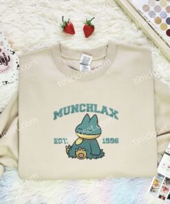 Munchlax Embroidered Shirt, Pokemon Embroidered Hoodie, Anime Embroidered Sweatshirt