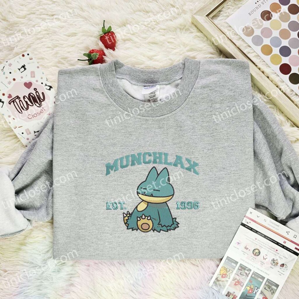 Munchlax Embroidered Shirt, Pokemon Embroidered Hoodie, Anime Embroidered Sweatshirt