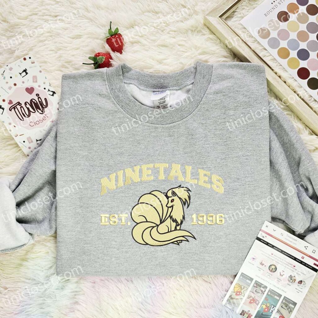 Ninetales Embroidered Shirt, Pokemon Embroidered Hoodie, Anime Embroidered Sweatshirt