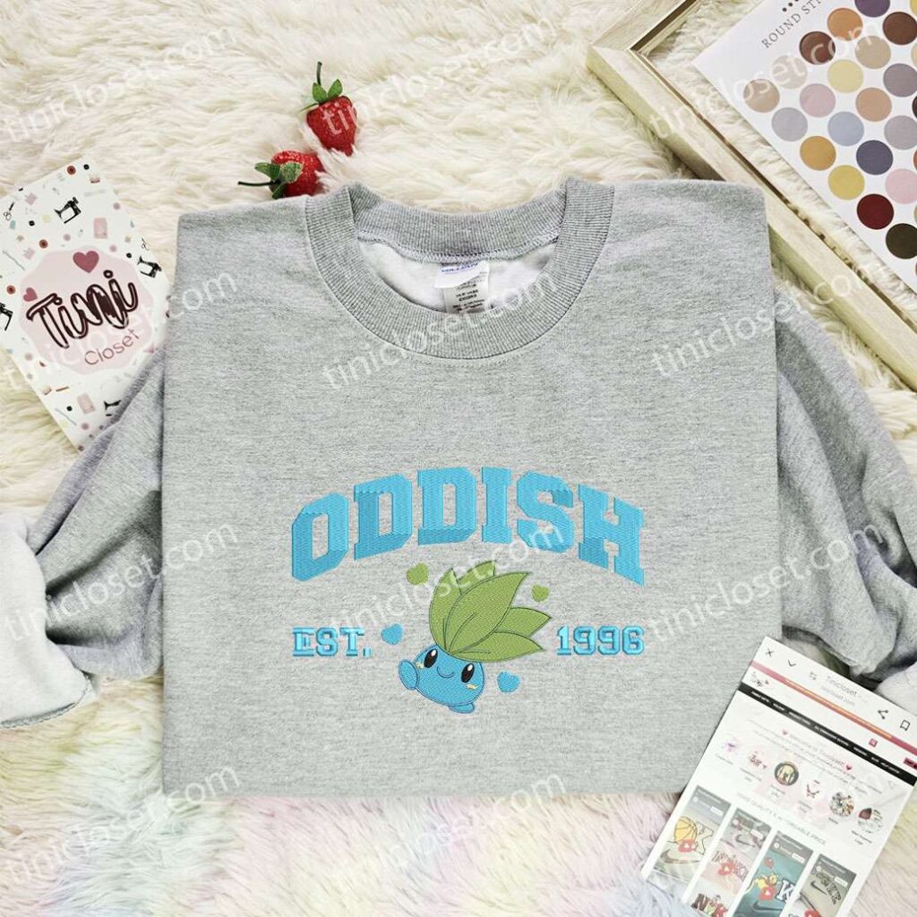 Oddish Embroidered Shirt, Pokemon Embroidered Hoodie, Anime Embroidered Sweatshirt