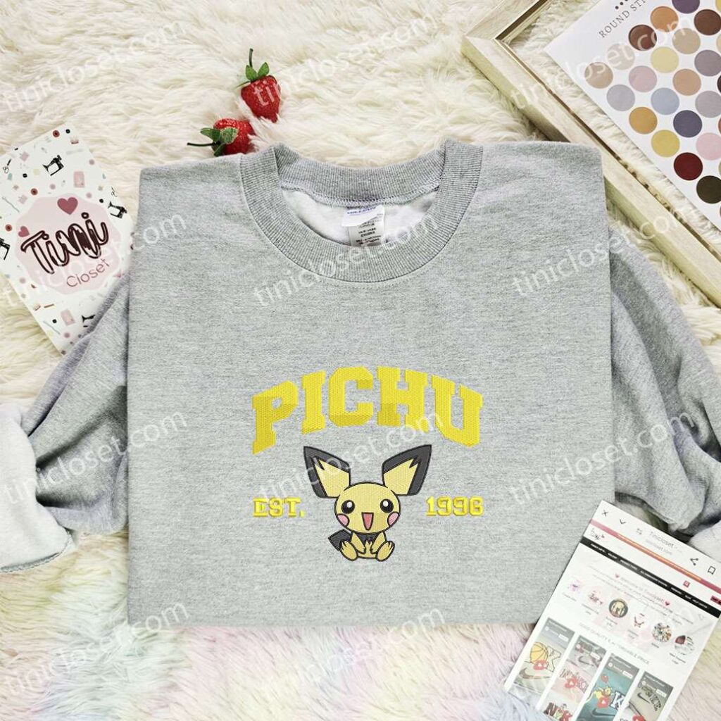 Pichu Embroidered Shirt, Pokemon Embroidered Hoodie, Anime Embroidered Sweatshirt