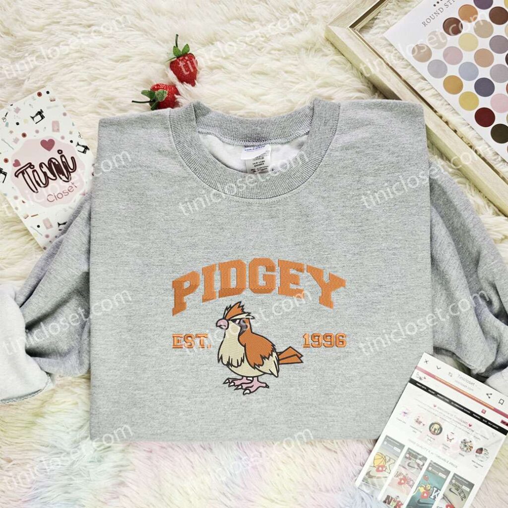 Pidgey Embroidered Shirt, Pokemon Embroidered Hoodie, Anime Embroidered Sweatshirt