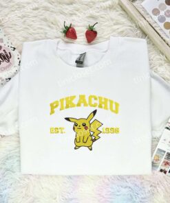 Pikachu Embroidered Shirt, Pokemon Embroidered Hoodie, Anime Embroidered Sweatshirt (1)