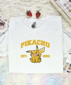 Pikachu Embroidered Shirt, Pokemon Embroidered Hoodie, Anime Embroidered Sweatshirt (1)