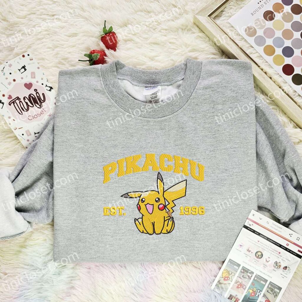 Pikachu Embroidered Shirt, Pokemon Embroidered Hoodie, Anime Embroidered Sweatshirt