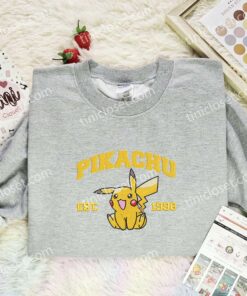 Pikachu Embroidered Shirt, Pokemon Embroidered Hoodie, Anime Embroidered Sweatshirt (3)