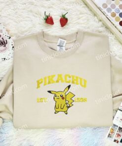 Pikachu Embroidered Shirt, Pokemon Embroidered Hoodie, Anime Embroidered Sweatshirt (2)