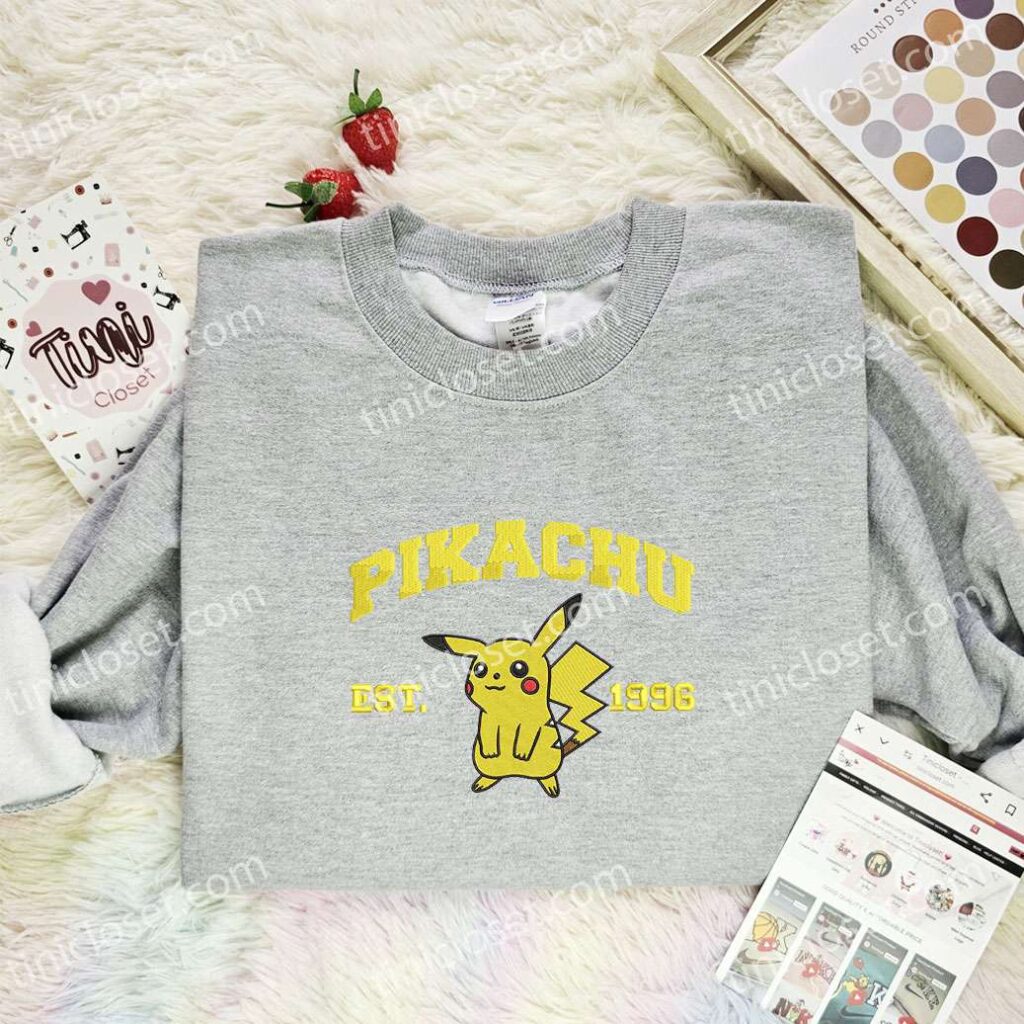 Pikachu Embroidered Shirt, Pokemon Embroidered Hoodie, Anime Embroidered Sweatshirt