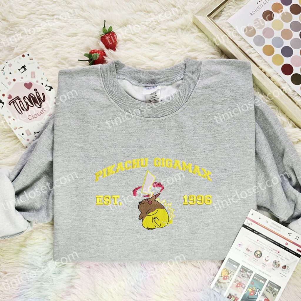 Pikachu Gigamax Embroidered Shirt, Pokemon Embroidered Hoodie, Anime Embroidered Sweatshirt