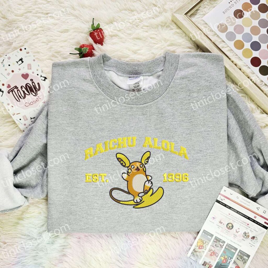 Raichu Alola Embroidered Shirt, Pokemon Embroidered Hoodie, Anime Embroidered Sweatshirt