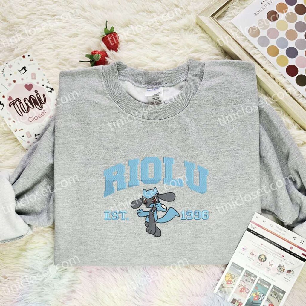 Riolu Embroidered Shirt, Pokemon Embroidered Hoodie, Anime Embroidered Sweatshirt