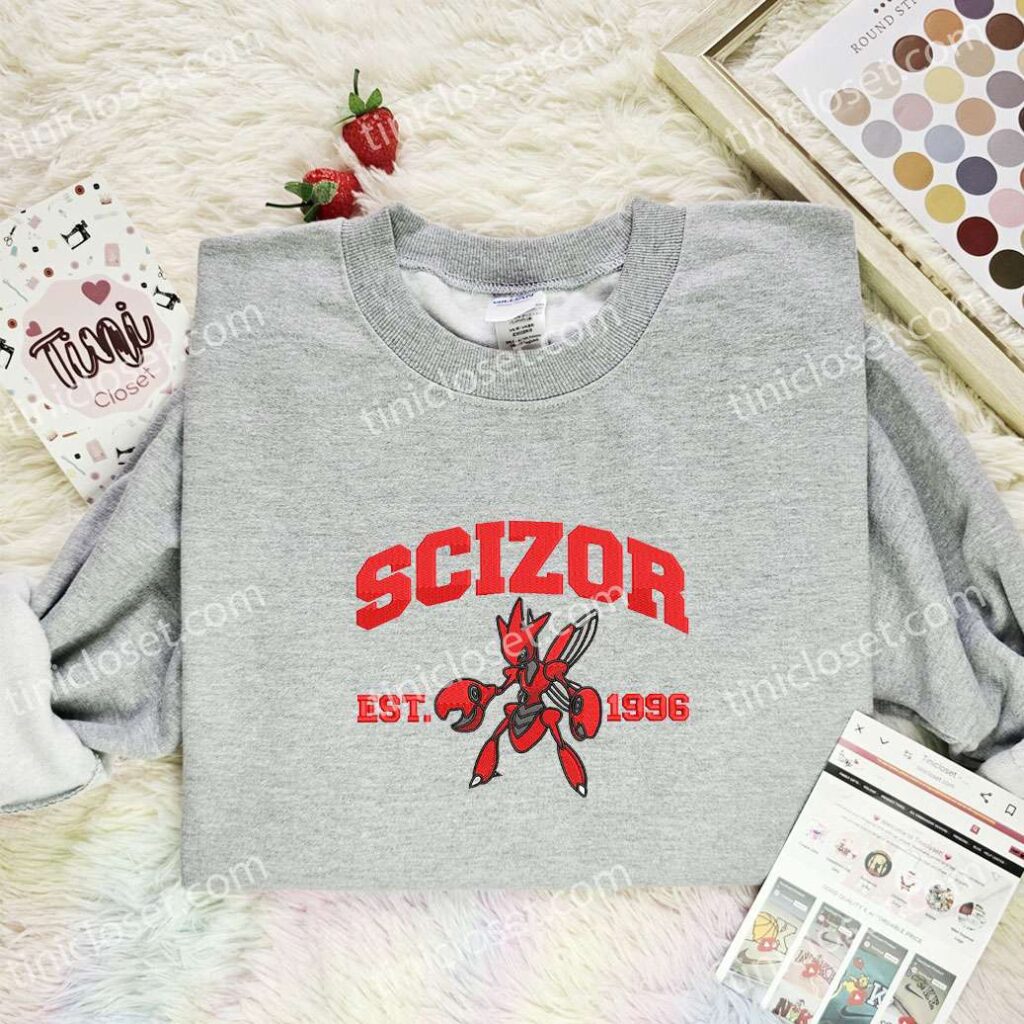 Scizor Embroidered Shirt, Pokemon Embroidered Hoodie, Anime Embroidered Sweatshirt
