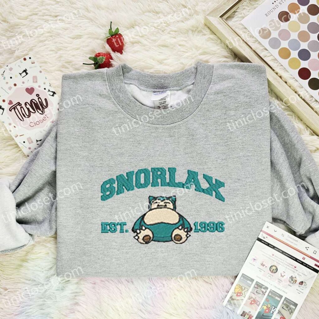 Snorlax Embroidered Shirt, Pokemon Embroidered Hoodie, Anime Embroidered Sweatshirt