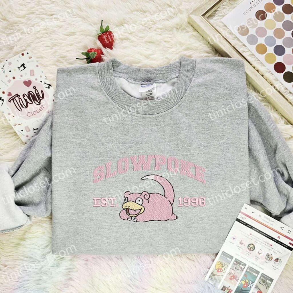 Slowpoke Embroidered Shirt, Pokemon Embroidered Hoodie, Anime Embroidered Sweatshirt