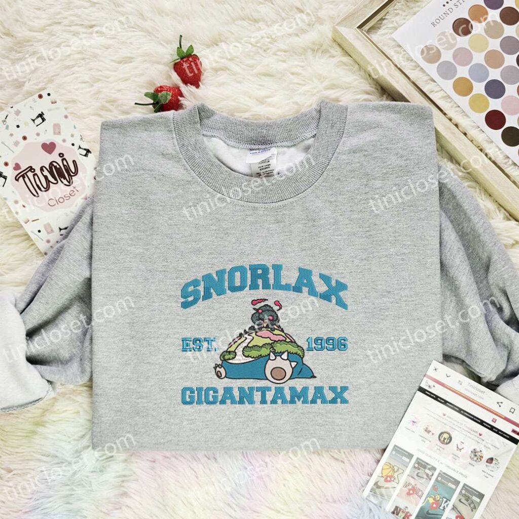 Snorlax Gigantamax Embroidered Shirt, Pokemon Embroidered Hoodie, Anime Embroidered Sweatshirt