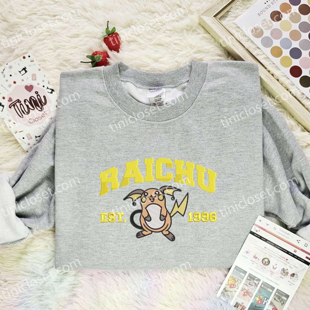 Raichu Embroidered Shirt, Pokemon Embroidered Hoodie, Anime Embroidered Sweatshirt