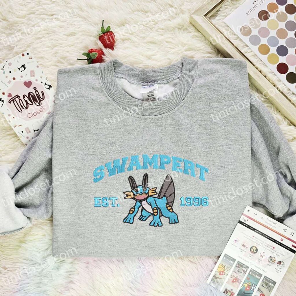 Swampert Embroidered Shirt, Pokemon Embroidered Hoodie, Anime Embroidered Sweatshirt