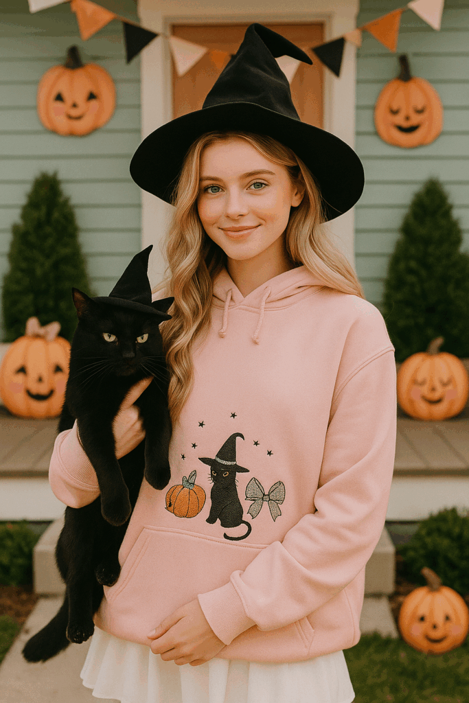 Black Cat Pumpkin Coquette Halloween Embroidered Shirt