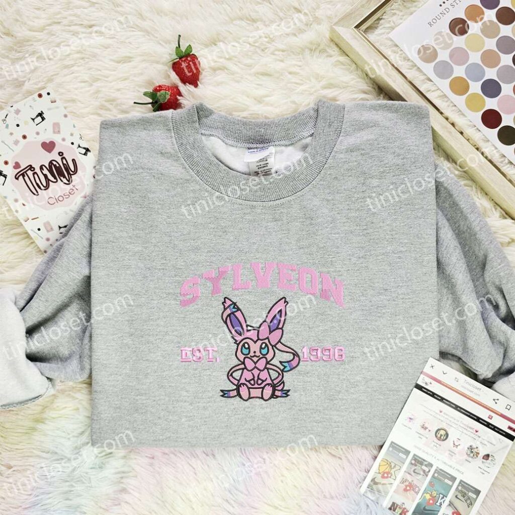 Sylveon Embroidered Shirt, Pokemon Embroidered Hoodie, Anime Embroidered Sweatshirt