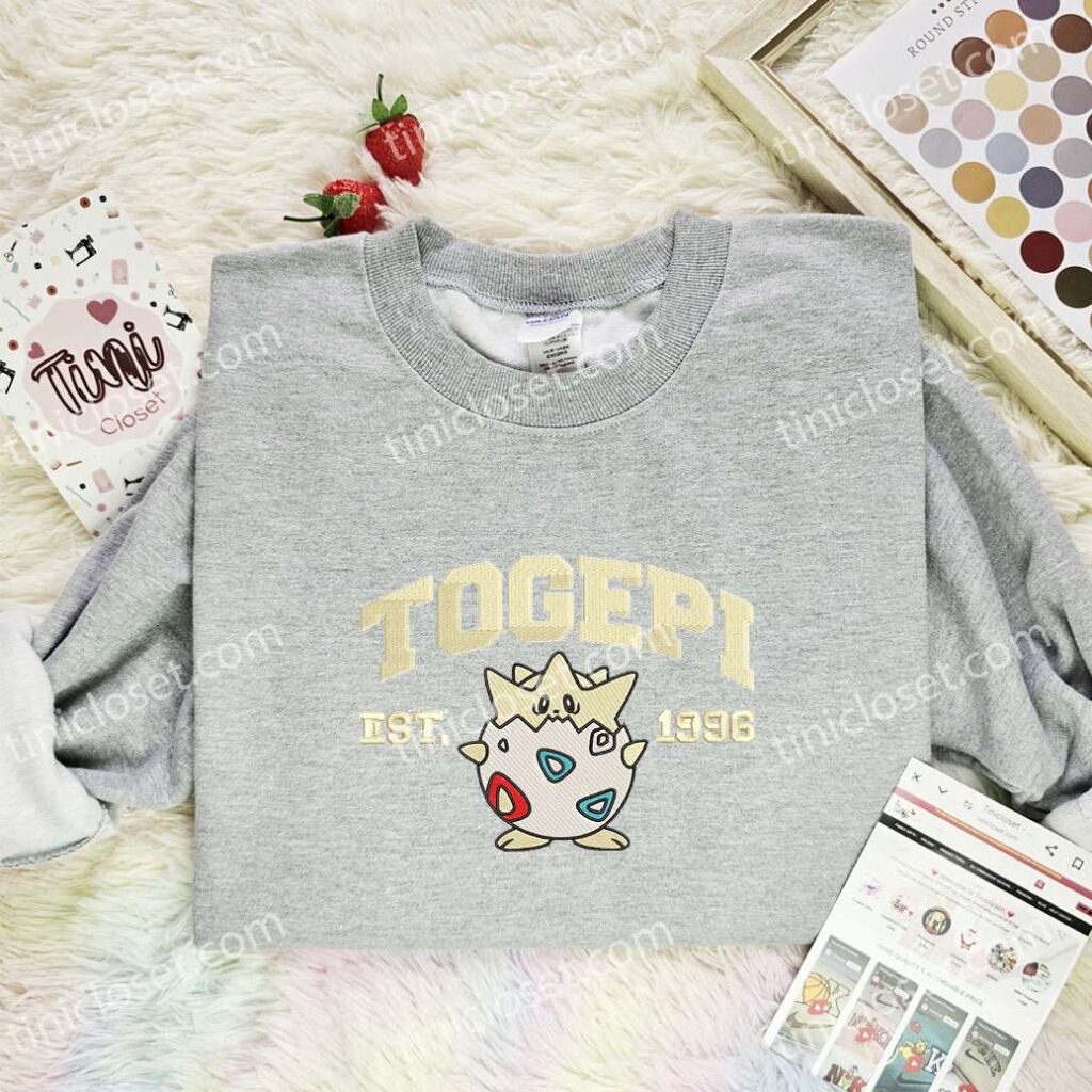 Togepi Embroidered Shirt, Pokemon Embroidered Hoodie, Anime Embroidered Sweatshirt