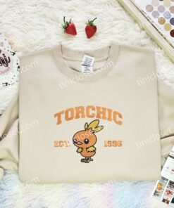 Torchic Embroidered Shirt, Pokemon Embroidered Hoodie, Anime Embroidered Sweatshirt (1)