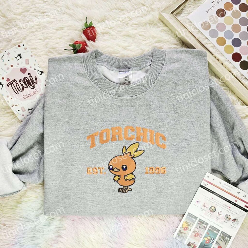 Torchic Embroidered Shirt, Pokemon Embroidered Hoodie, Anime Embroidered Sweatshirt