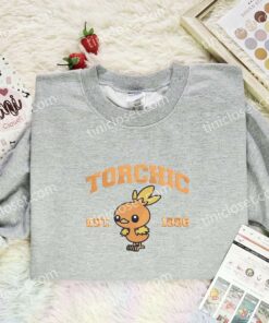Torchic Embroidered Shirt, Pokemon Embroidered Hoodie, Anime Embroidered Sweatshirt (2)