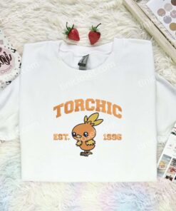 Torchic Embroidered Shirt, Pokemon Embroidered Hoodie, Anime Embroidered Sweatshirt (3)