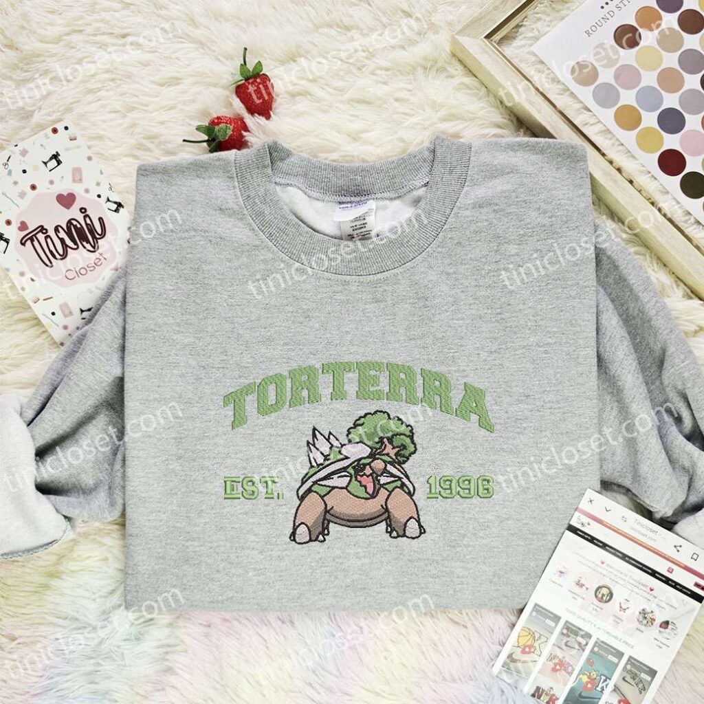 Torterra Embroidered Shirt, Pokemon Embroidered Hoodie, Anime Embroidered Sweatshirt