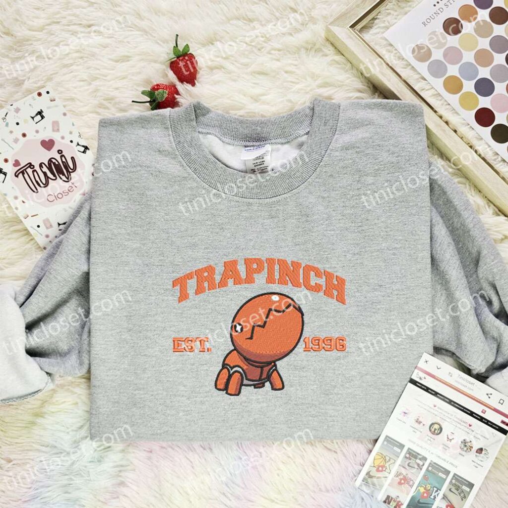 Trapinch Embroidered Shirt, Pokemon Embroidered Hoodie, Anime Embroidered Sweatshirt