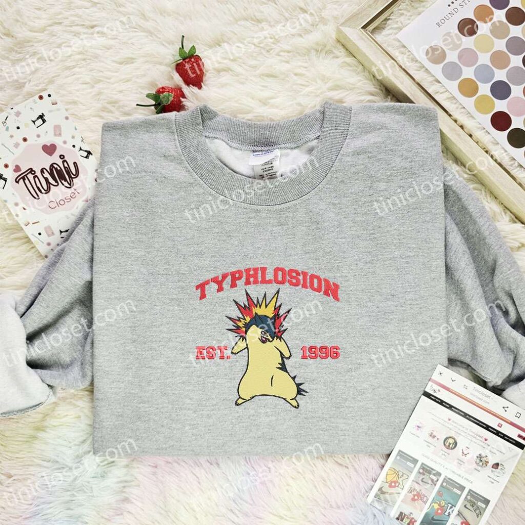 Typhlosion Embroidered Shirt, Pokemon Embroidered Hoodie, Anime Embroidered Sweatshirt