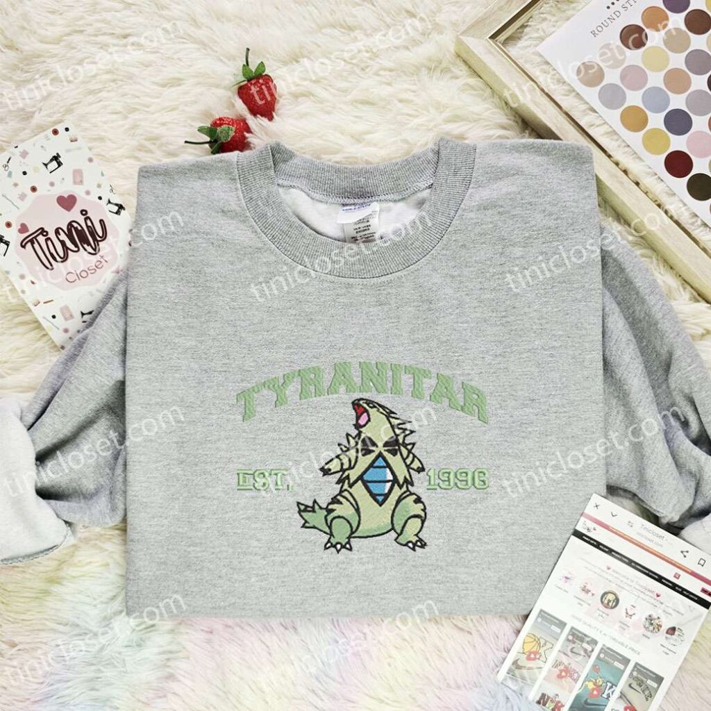 Tyranitar Embroidered Shirt, Pokemon Embroidered Hoodie, Anime Embroidered Sweatshirt