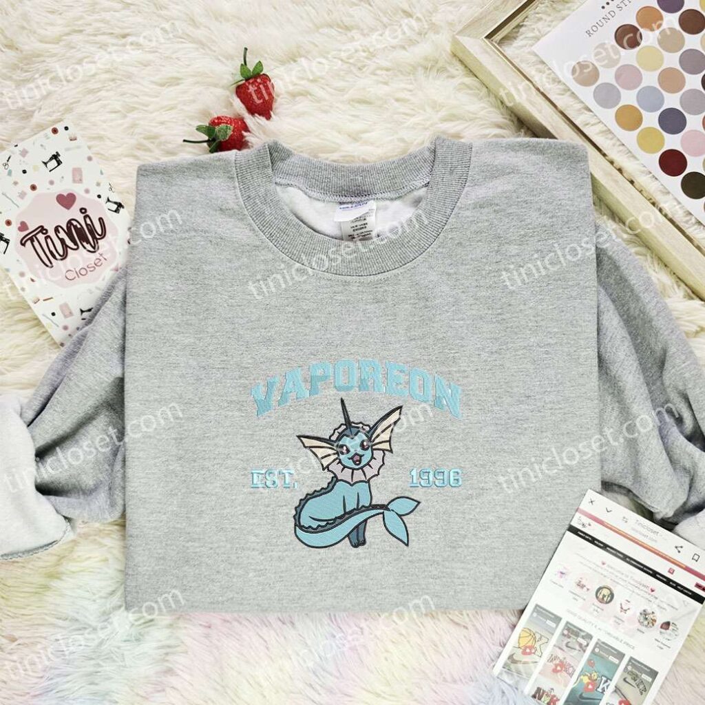 Vaporeon Embroidered Shirt, Pokemon Embroidered Hoodie, Anime Embroidered Sweatshirt