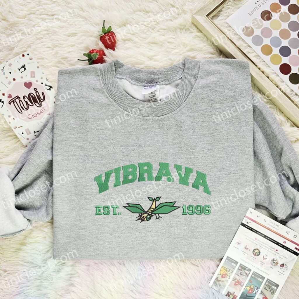 Vibrava Embroidered Shirt, Pokemon Embroidered Hoodie, Anime Embroidered Sweatshirt