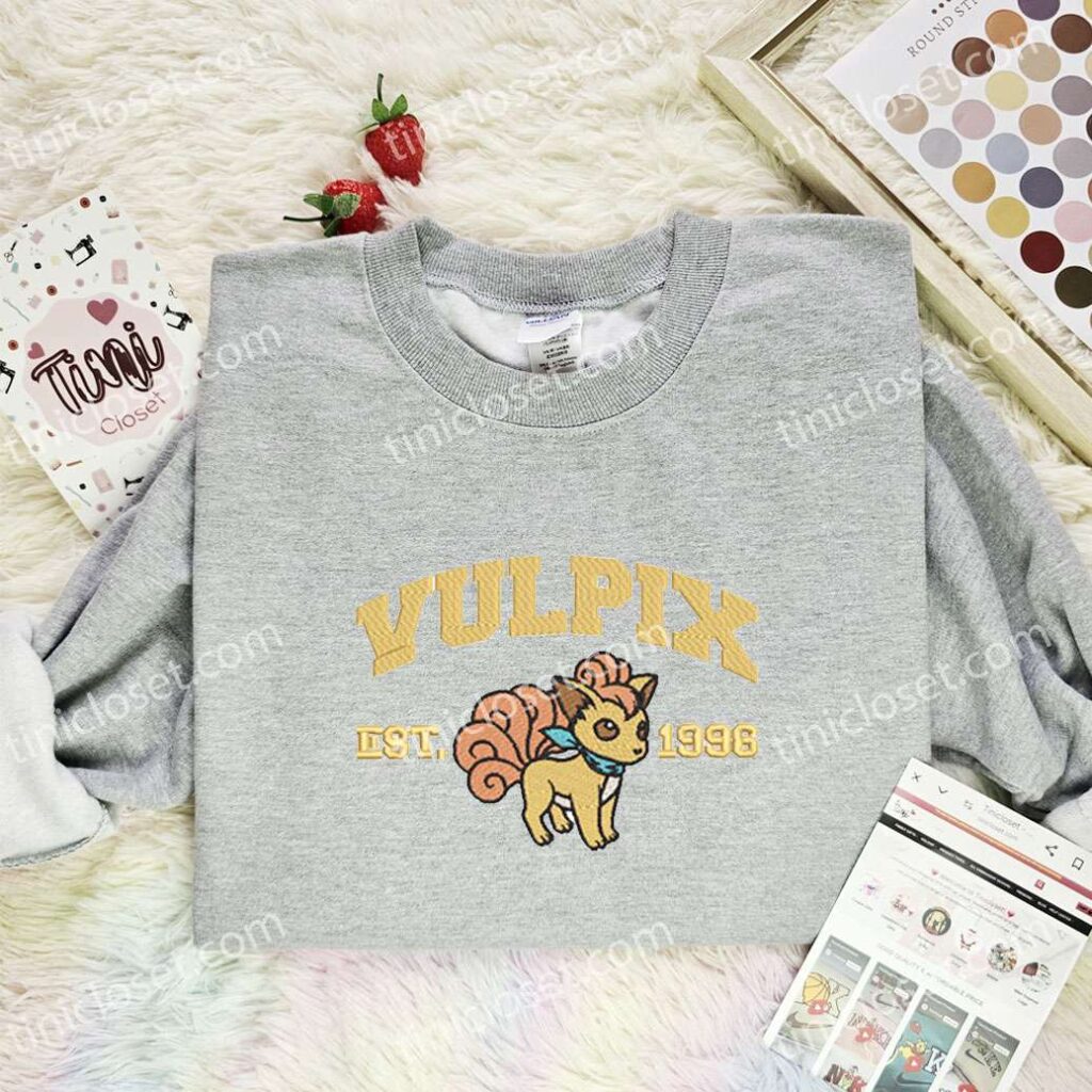 Vulprix Embroidered Shirt, Pokemon Embroidered Hoodie, Anime Embroidered Sweatshirt