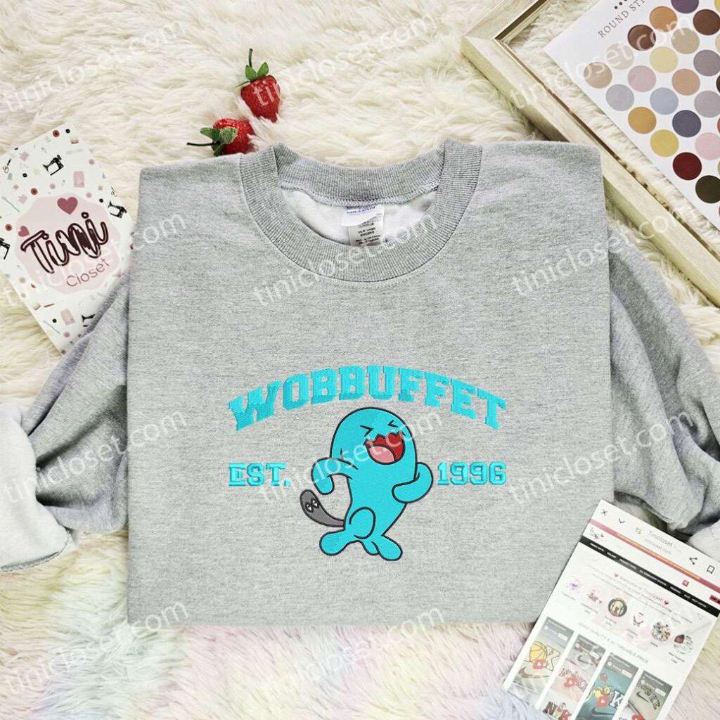 Wobbuffet Embroidered Shirt, Pokemon Embroidered Hoodie, Anime Embroidered Sweatshirt