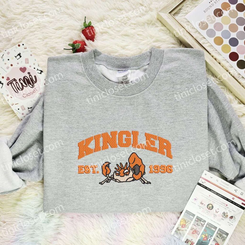 Kingler Embroidered Shirt, Pokemon Embroidered Hoodie, Anime Embroidered Sweatshirt