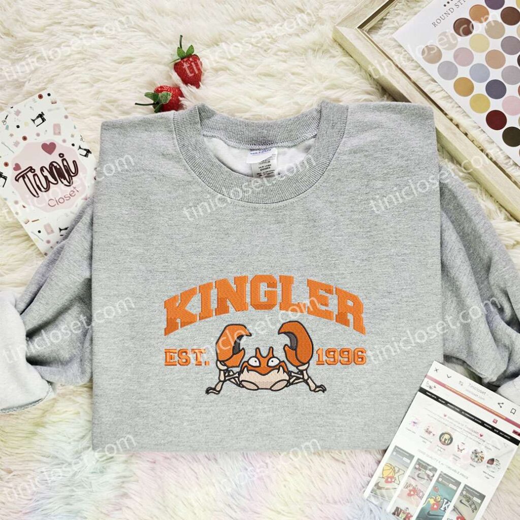 Kingler Embroidered Shirt, Pokemon Embroidered Hoodie, Anime Embroidered Sweatshirt