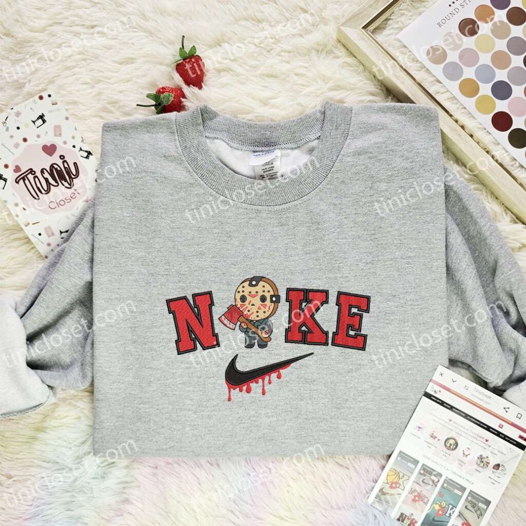 Chibi Jason Voorhees Embroidered Shirt, Horror Movie Embroidered Hoodie, Halloween Embroidered Sweatshirt