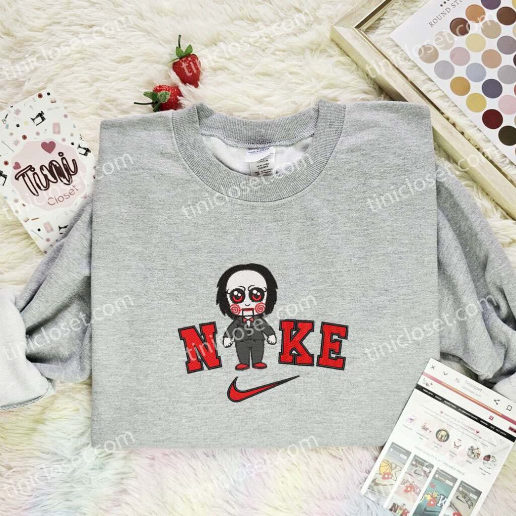 Chibi Jigsaw Embroidered Shirt, Horror Movie Embroidered Hoodie, Halloween Embroidered Sweatshirt